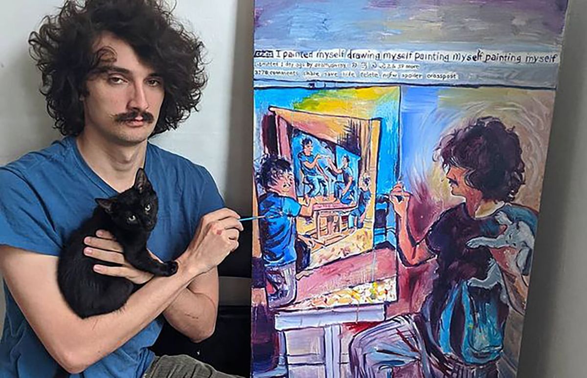 Художник рисует серию автопортретов Художник рисует серию автопортретов