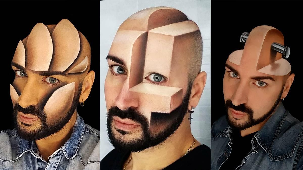 Визажист создает трехмерные рисунки на своем лице 