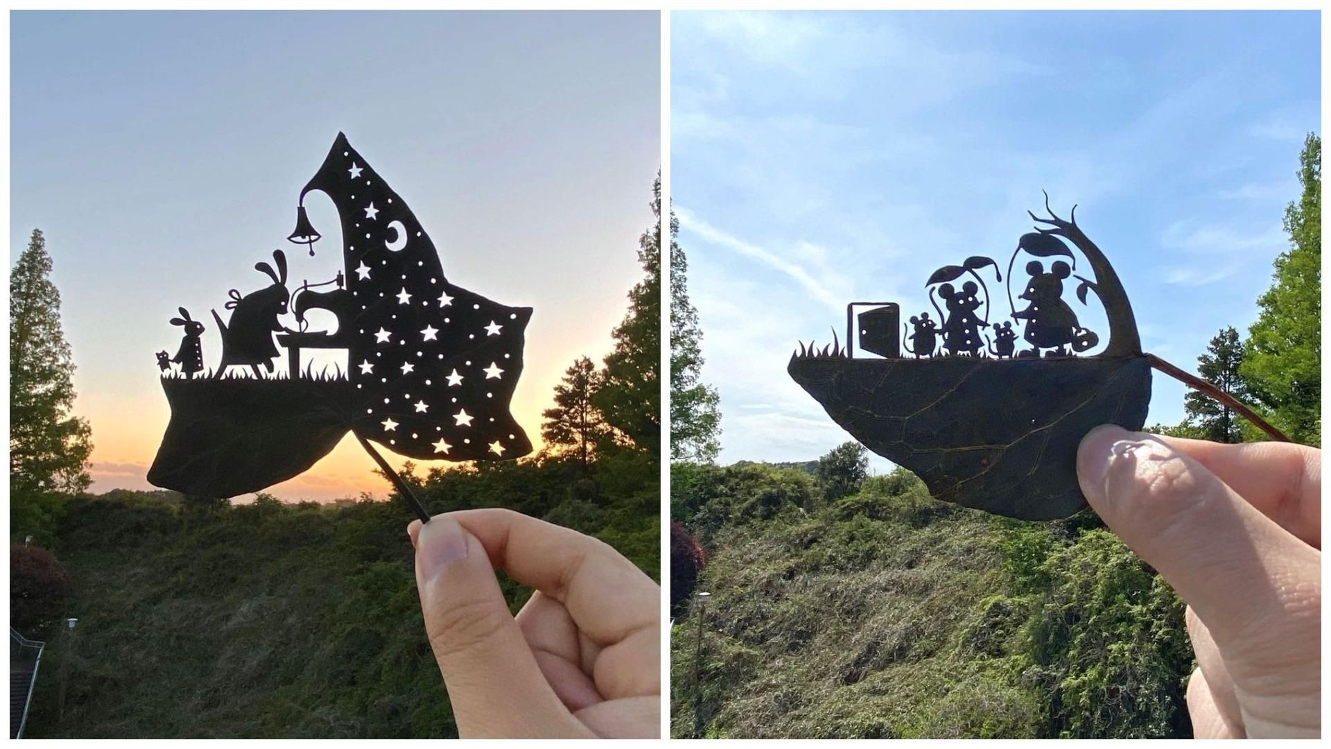 Японский художник вырезает на листьях сказочные сцены Японский художник вырезает на листьях сказочные сцены