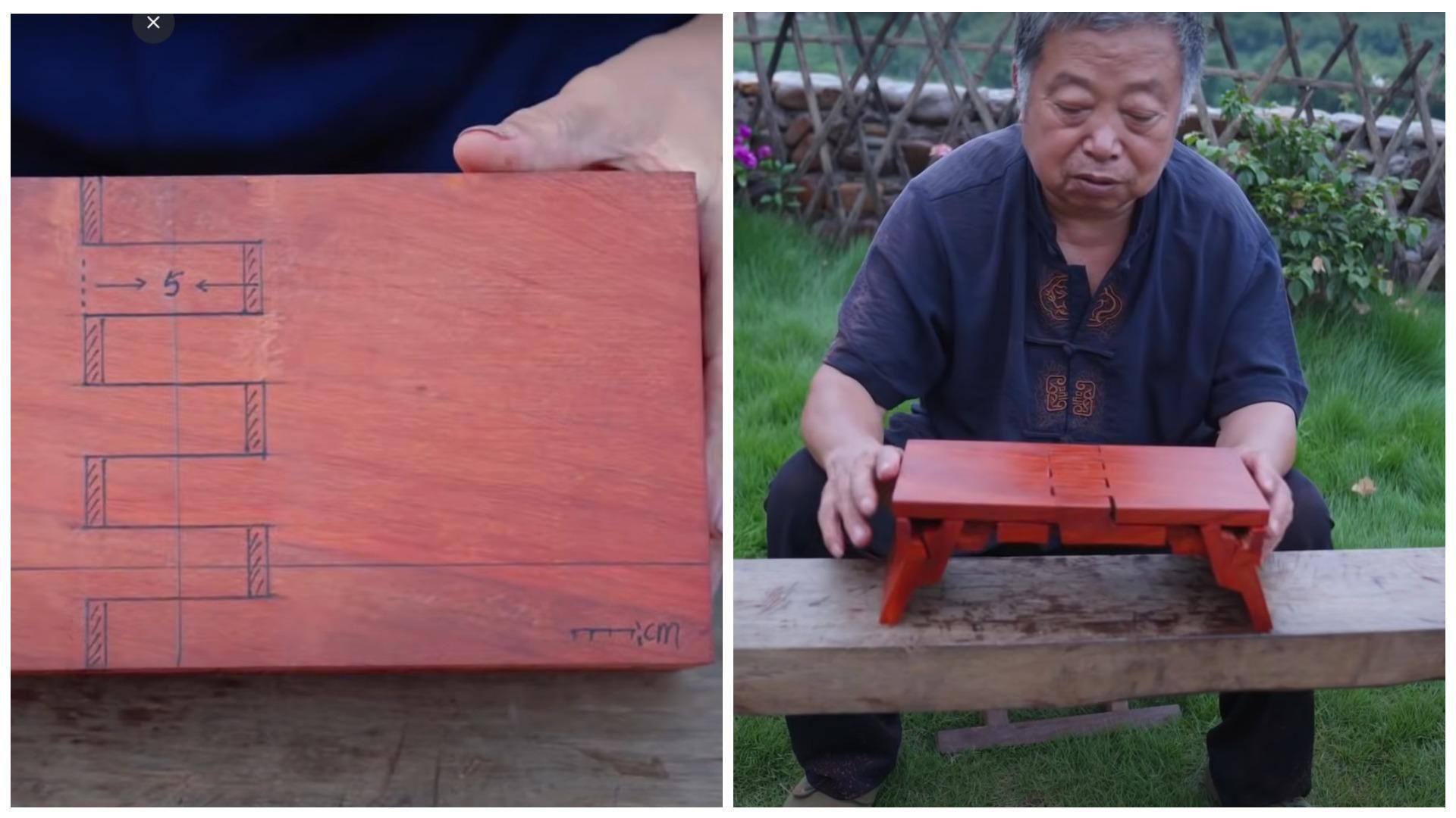 Тесляр робить рокладну табуретку з дерев'яного бруска Тесляр робить рокладну табуретку з дерев'яного бруска