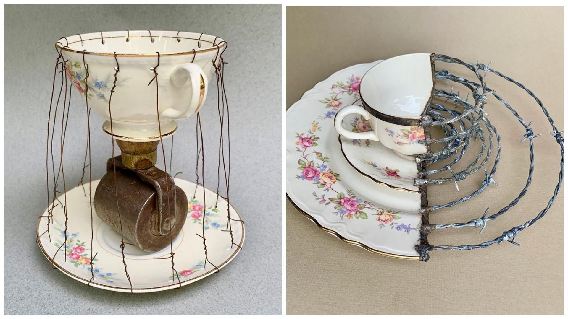 Художник доповнює розбиту порцеляну металевими елементами Художник доповнює розбиту порцеляну металевими елементами
